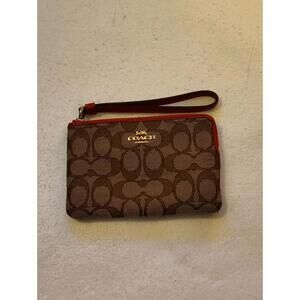 COACH Wristlet, Signature C Jacquard, Corner Zip, Khaki/True Red, NWT, #F58033
